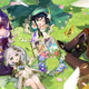 Venti, Zhongli, Raiden Shogun, and Nahida sit together.